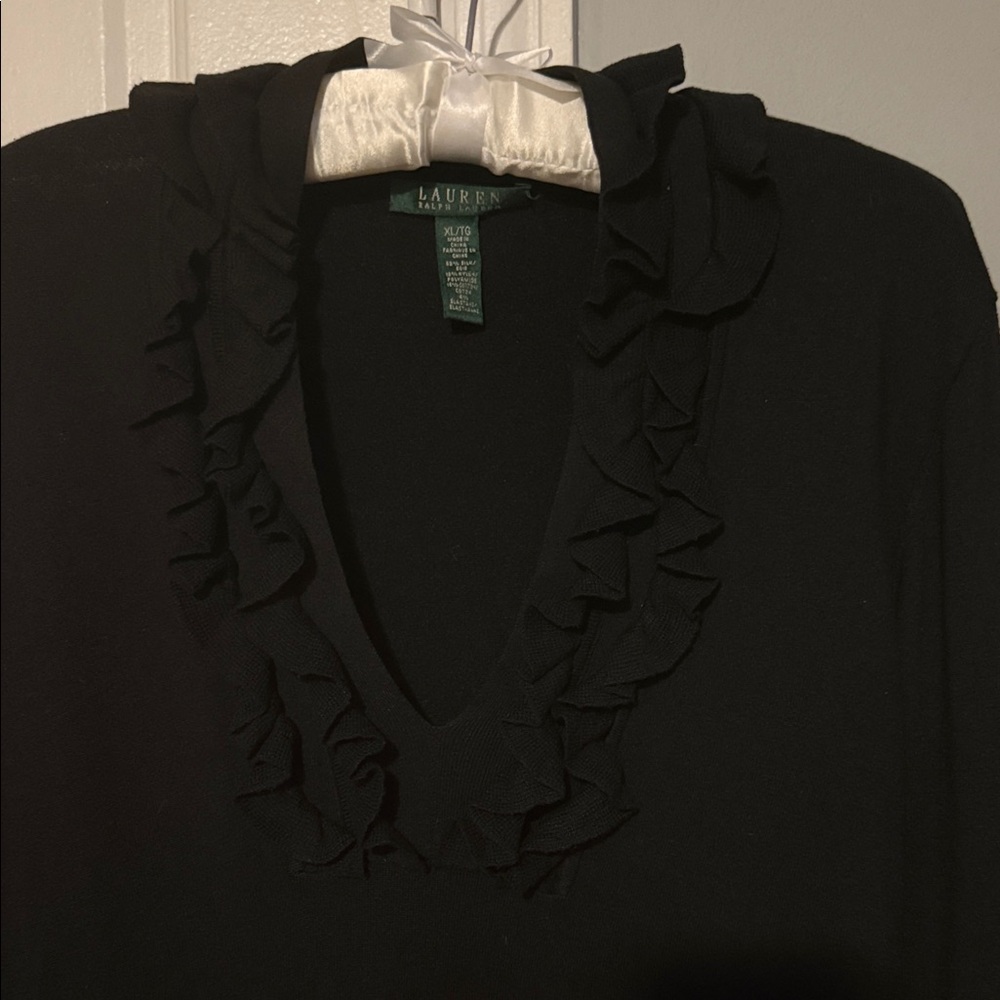 Lauren Ralph Lauren Black Ruffle V-Neck Long Sleeve Top